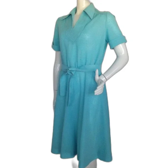 KAY WINSOR Day Dress, L, Aqua Blue, Short sleeves, Dagger collar, VINTAGE - Picture 3 of 13